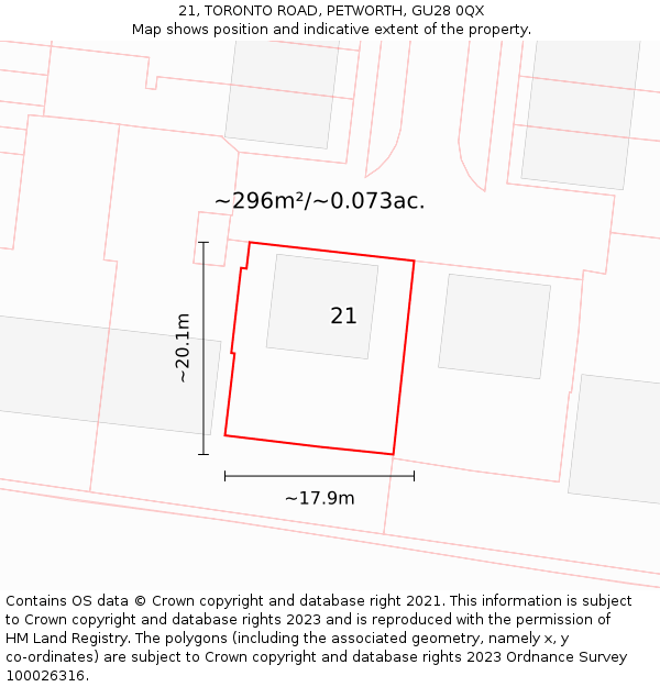 21, TORONTO ROAD, PETWORTH, GU28 0QX: Plot and title map