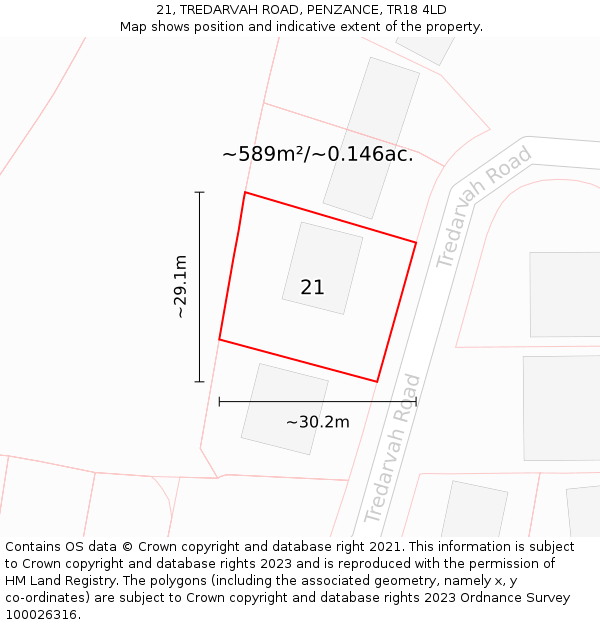 21, TREDARVAH ROAD, PENZANCE, TR18 4LD: Plot and title map