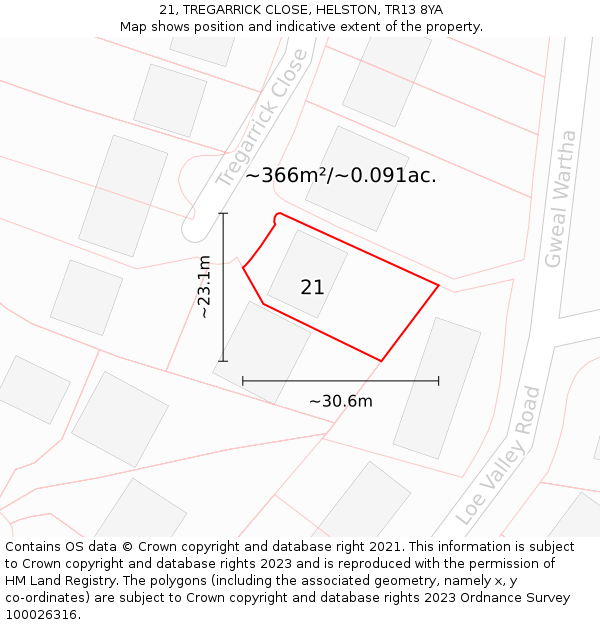 21, TREGARRICK CLOSE, HELSTON, TR13 8YA: Plot and title map