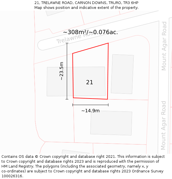 21, TRELAWNE ROAD, CARNON DOWNS, TRURO, TR3 6HP: Plot and title map