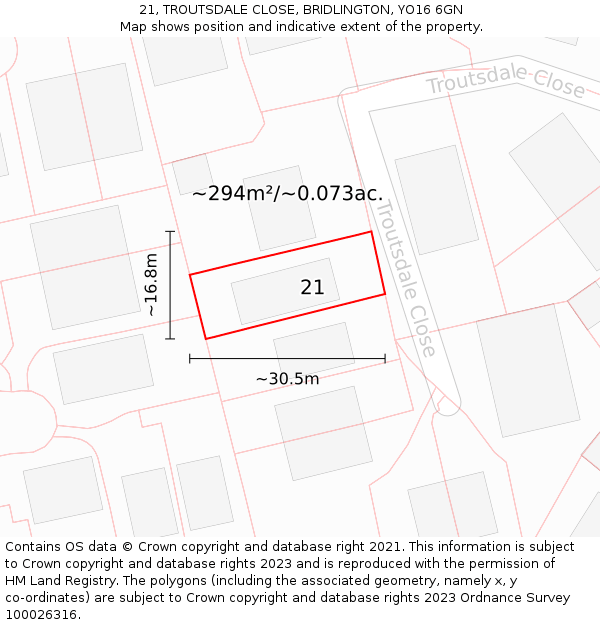 21, TROUTSDALE CLOSE, BRIDLINGTON, YO16 6GN: Plot and title map