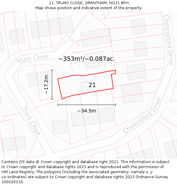 21, TRURO CLOSE, GRANTHAM, NG31 8PH: Plot and title map