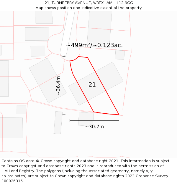 21, TURNBERRY AVENUE, WREXHAM, LL13 9GG: Plot and title map