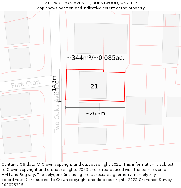 21, TWO OAKS AVENUE, BURNTWOOD, WS7 1FP: Plot and title map