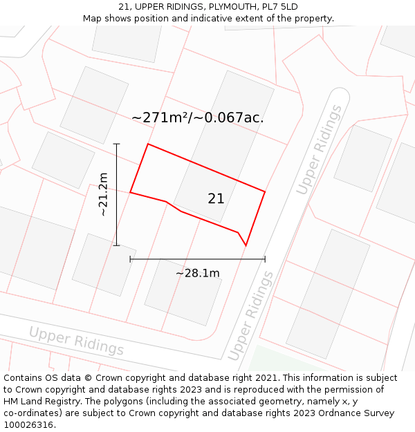 21, UPPER RIDINGS, PLYMOUTH, PL7 5LD: Plot and title map