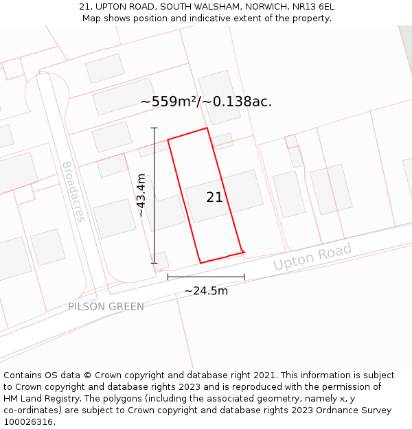 21, UPTON ROAD, SOUTH WALSHAM, NORWICH, NR13 6EL: Plot and title map