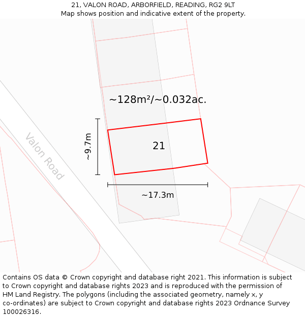 21, VALON ROAD, ARBORFIELD, READING, RG2 9LT: Plot and title map