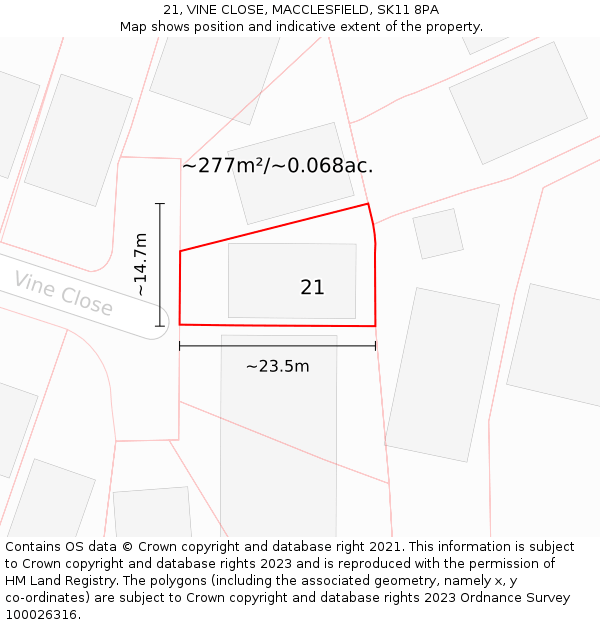 21, VINE CLOSE, MACCLESFIELD, SK11 8PA: Plot and title map