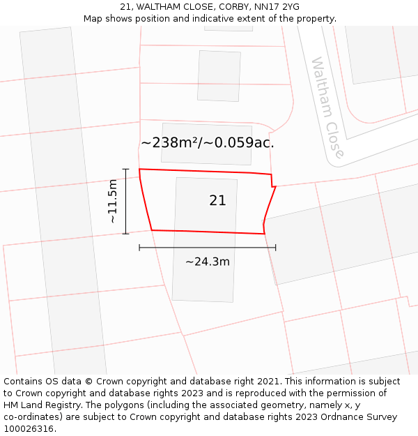 21, WALTHAM CLOSE, CORBY, NN17 2YG: Plot and title map