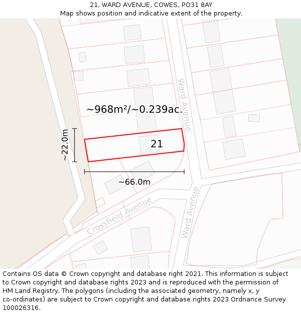 21, WARD AVENUE, COWES, PO31 8AY: Plot and title map