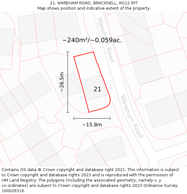 21, WAREHAM ROAD, BRACKNELL, RG12 9YT: Plot and title map