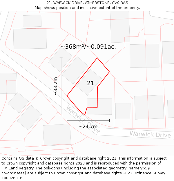 21, WARWICK DRIVE, ATHERSTONE, CV9 3AS: Plot and title map