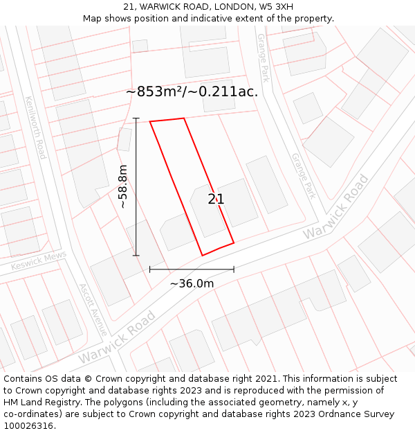 21, WARWICK ROAD, LONDON, W5 3XH: Plot and title map