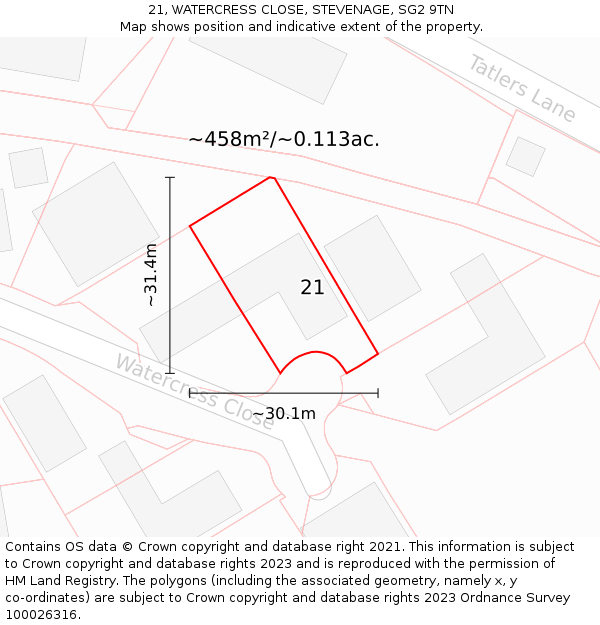 21, WATERCRESS CLOSE, STEVENAGE, SG2 9TN: Plot and title map