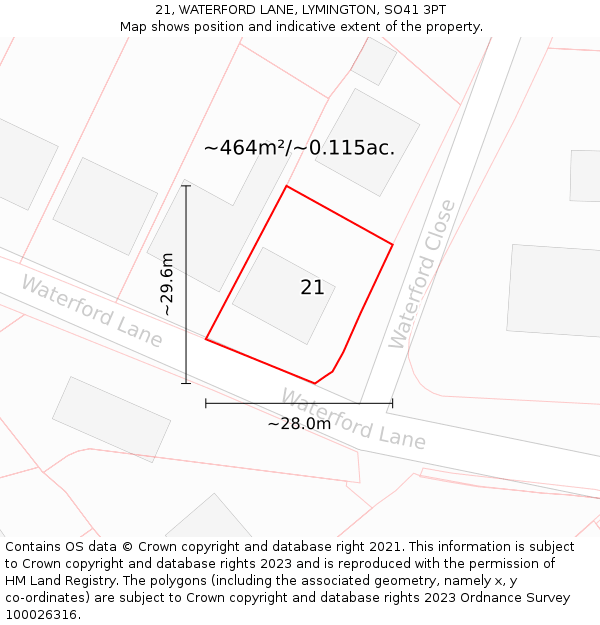 21, WATERFORD LANE, LYMINGTON, SO41 3PT: Plot and title map