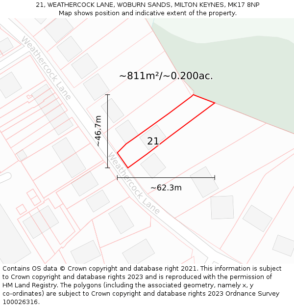 21, WEATHERCOCK LANE, WOBURN SANDS, MILTON KEYNES, MK17 8NP: Plot and title map