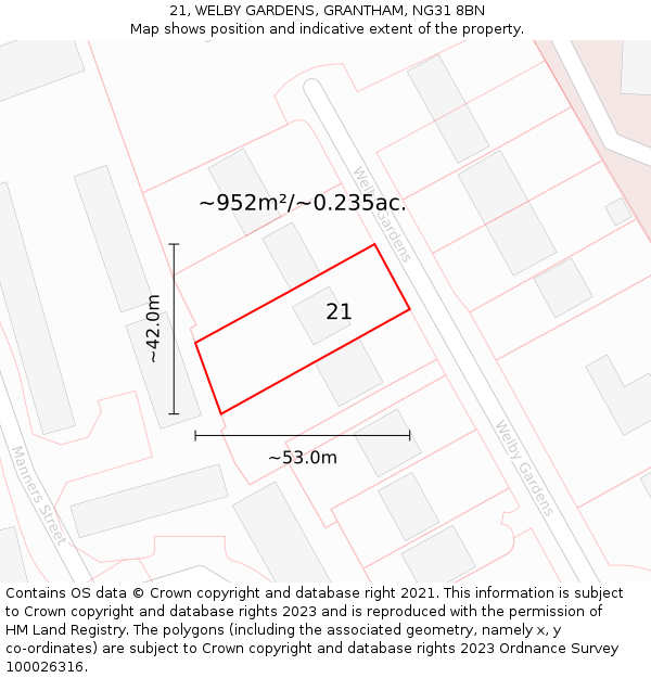 21, WELBY GARDENS, GRANTHAM, NG31 8BN: Plot and title map