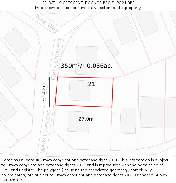 21, WELLS CRESCENT, BOGNOR REGIS, PO21 3RP: Plot and title map