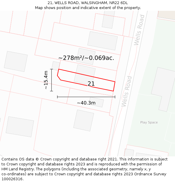 21, WELLS ROAD, WALSINGHAM, NR22 6DL: Plot and title map