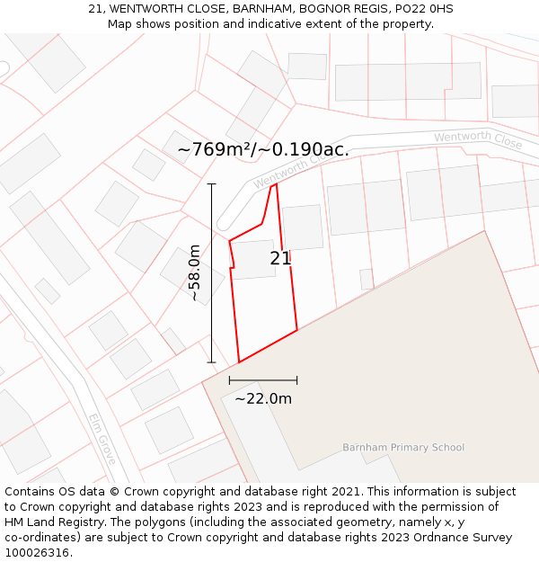 21, WENTWORTH CLOSE, BARNHAM, BOGNOR REGIS, PO22 0HS: Plot and title map