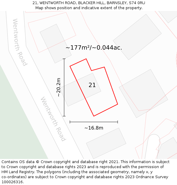 21, WENTWORTH ROAD, BLACKER HILL, BARNSLEY, S74 0RU: Plot and title map