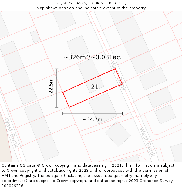 21, WEST BANK, DORKING, RH4 3DQ: Plot and title map