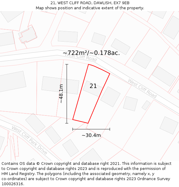 21, WEST CLIFF ROAD, DAWLISH, EX7 9EB: Plot and title map