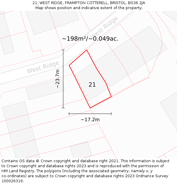 21, WEST RIDGE, FRAMPTON COTTERELL, BRISTOL, BS36 2JA: Plot and title map