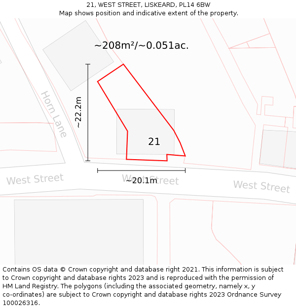 21, WEST STREET, LISKEARD, PL14 6BW: Plot and title map