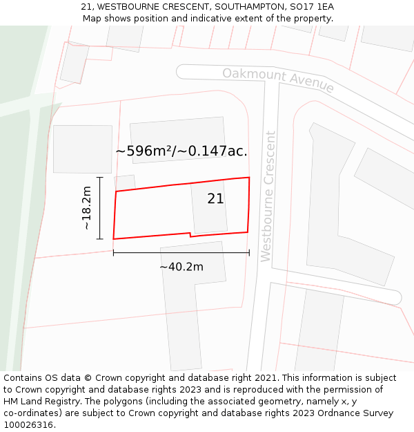 21, WESTBOURNE CRESCENT, SOUTHAMPTON, SO17 1EA: Plot and title map