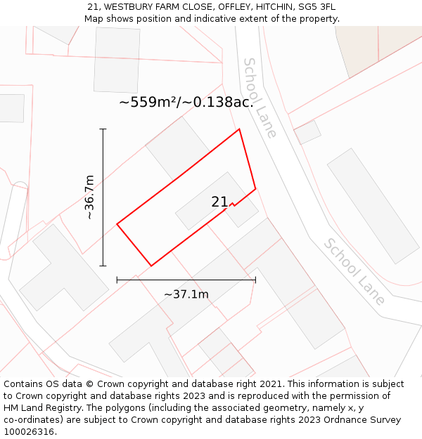 21, WESTBURY FARM CLOSE, OFFLEY, HITCHIN, SG5 3FL: Plot and title map