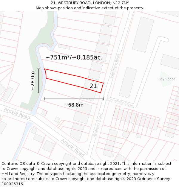 21, WESTBURY ROAD, LONDON, N12 7NY: Plot and title map