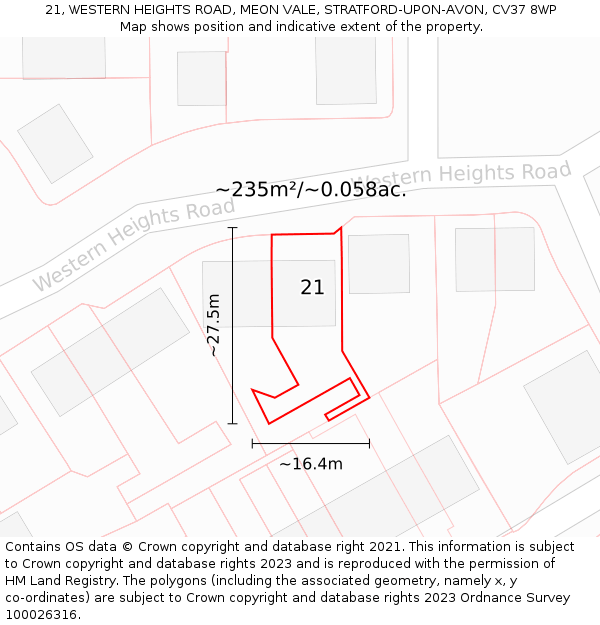 21, WESTERN HEIGHTS ROAD, MEON VALE, STRATFORD-UPON-AVON, CV37 8WP: Plot and title map