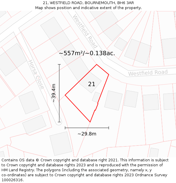 21, WESTFIELD ROAD, BOURNEMOUTH, BH6 3AR: Plot and title map