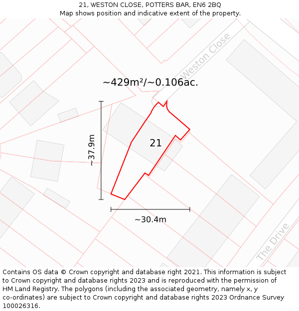 21, WESTON CLOSE, POTTERS BAR, EN6 2BQ: Plot and title map