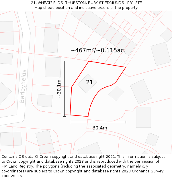 21, WHEATFIELDS, THURSTON, BURY ST EDMUNDS, IP31 3TE: Plot and title map