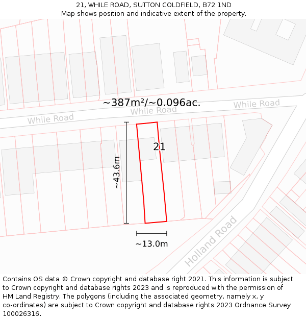 21, WHILE ROAD, SUTTON COLDFIELD, B72 1ND: Plot and title map