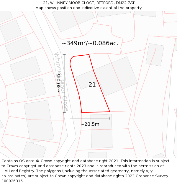 21, WHINNEY MOOR CLOSE, RETFORD, DN22 7AT: Plot and title map