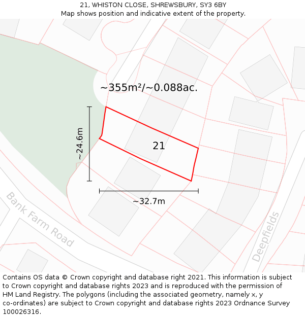21, WHISTON CLOSE, SHREWSBURY, SY3 6BY: Plot and title map