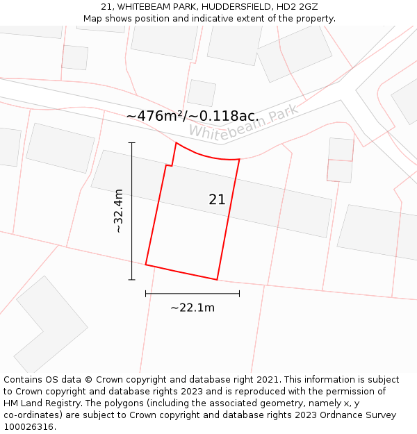 21, WHITEBEAM PARK, HUDDERSFIELD, HD2 2GZ: Plot and title map