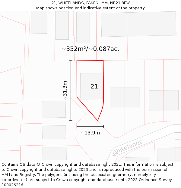 21, WHITELANDS, FAKENHAM, NR21 8EW: Plot and title map