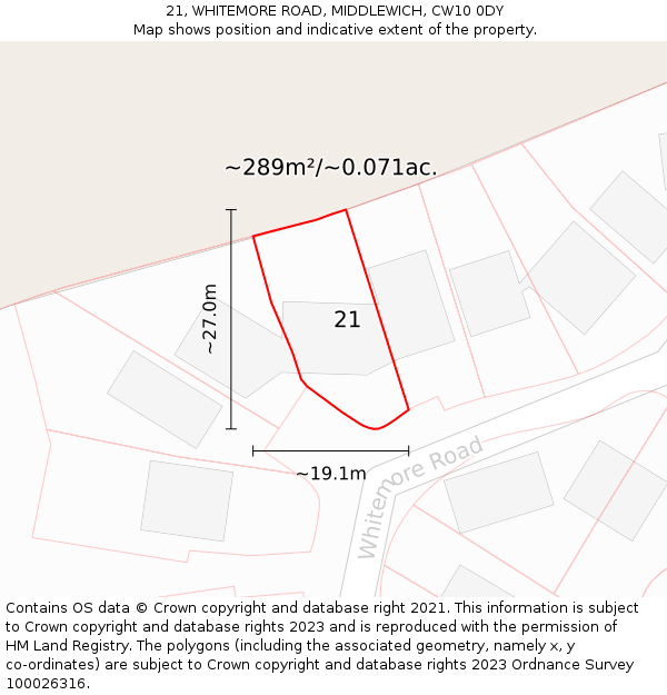 21, WHITEMORE ROAD, MIDDLEWICH, CW10 0DY: Plot and title map