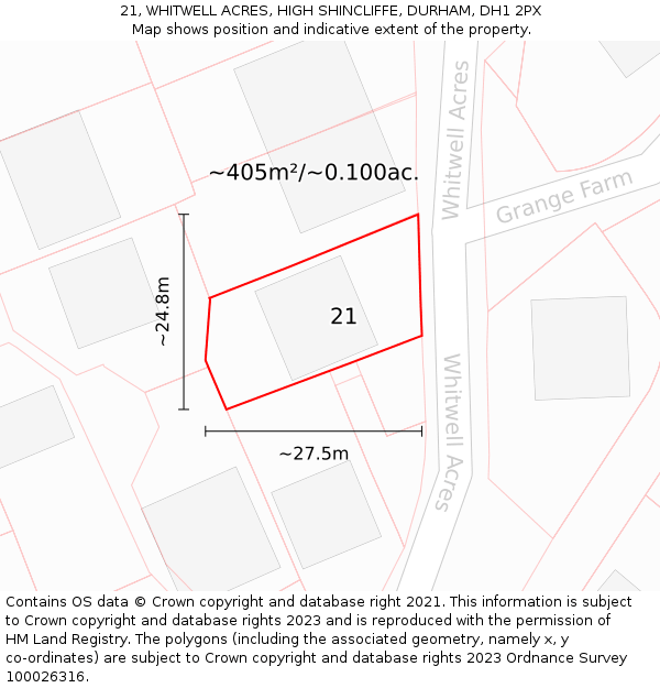 21, WHITWELL ACRES, HIGH SHINCLIFFE, DURHAM, DH1 2PX: Plot and title map