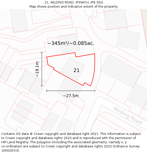 21, WILDING ROAD, IPSWICH, IP8 3SG: Plot and title map