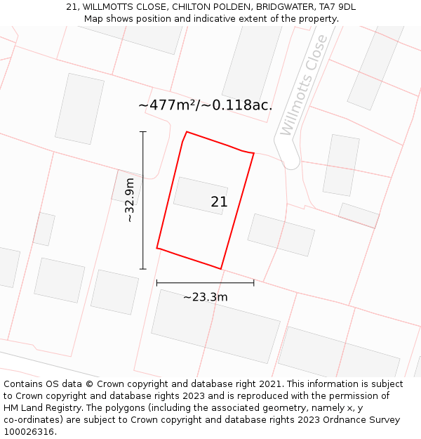21, WILLMOTTS CLOSE, CHILTON POLDEN, BRIDGWATER, TA7 9DL: Plot and title map