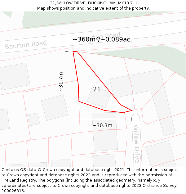 21, WILLOW DRIVE, BUCKINGHAM, MK18 7JH: Plot and title map