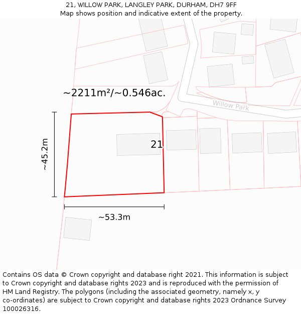21, WILLOW PARK, LANGLEY PARK, DURHAM, DH7 9FF: Plot and title map