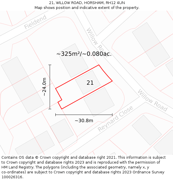 21, WILLOW ROAD, HORSHAM, RH12 4UN: Plot and title map