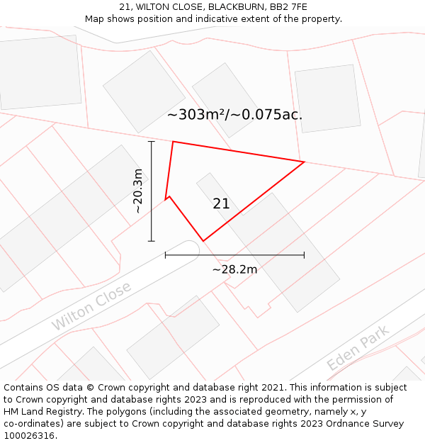 21, WILTON CLOSE, BLACKBURN, BB2 7FE: Plot and title map