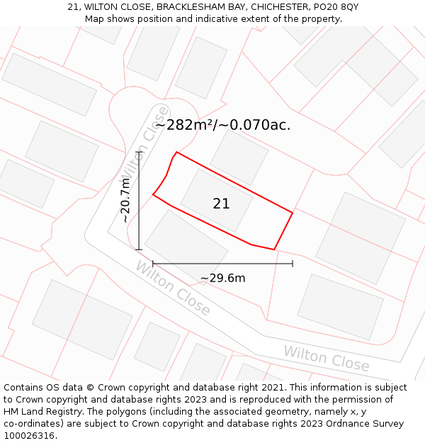 21, WILTON CLOSE, BRACKLESHAM BAY, CHICHESTER, PO20 8QY: Plot and title map